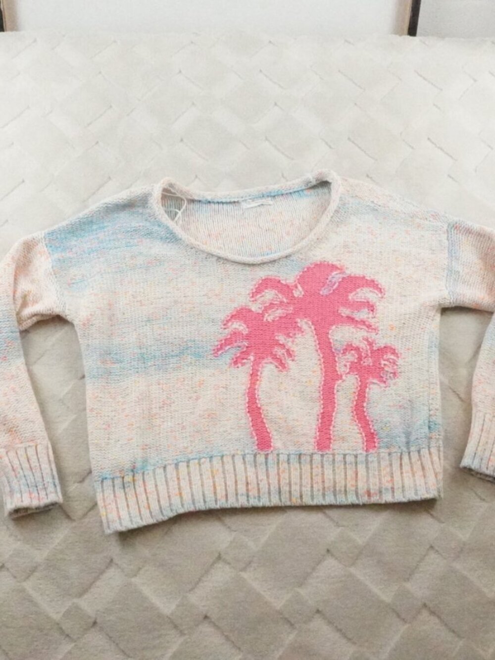 Anthropologie Palm Tree Boat Neck Oversized Sweater Womens Medium Multi Color